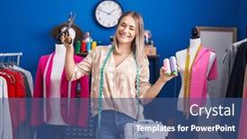  Presentation with thread - Presentation theme enhanced with young-caucasian-woman-tailor-smiling background and a ocean colored foreground