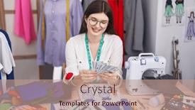  Presentation with counting - Presentation theme consisting of young-caucasian-woman-tailor-smiling background and a coral colored foreground