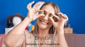  Presentation with sewing - PPT theme consisting of young-caucasian-woman-tailor-smiling background and a coral colored foreground