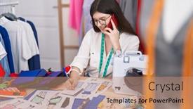  Presentation with notebook - Theme enhanced with young-caucasian-woman-tailor-talking background and a  colored foreground