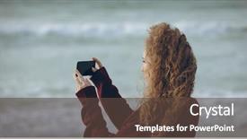  Presentation with phone - Presentation design enhanced with young caucasian woman taking picture background and a  colored foreground