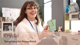  Presentation with teaching - PPT theme enhanced with young-caucasian-woman-teaching-words background and a lemonade colored foreground