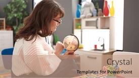  Presentation with woman world - Presentation theme enhanced with young-caucasian-woman-teaching background and a  colored foreground