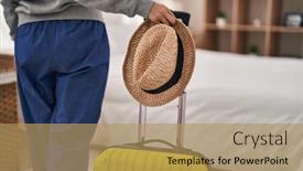  Presentation with bed hotel - Slide set having young-caucasian-woman-tourist-holding background and a  colored foreground