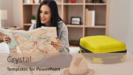  Presentation with city map - Presentation theme featuring young-caucasian-woman-tourist-looking background and a coral colored foreground