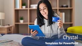  Presentation with bed hotel - Presentation design with young-caucasian-woman-tourist-using background and a ocean colored foreground