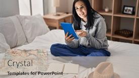  Presentation with bed hotel - Presentation theme featuring young-caucasian-woman-tourist-using background and a soft green colored foreground