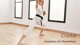  Presentation with cyber security training - Presentation design enhanced with young-caucasian-woman-training-karate background and a lemonade colored foreground