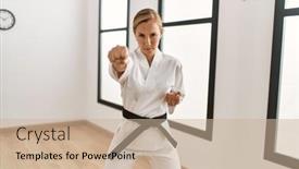  Presentation with woman sport - Slide set enhanced with young-caucasian-woman-training-karate background and a soft green colored foreground