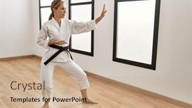  Presentation with karate - Presentation theme consisting of young-caucasian-woman-training-karate background and a coral colored foreground