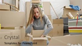  Presentation with speaking - PPT layouts consisting of young-caucasian-woman-unpacking-cardboard background and a coral colored foreground