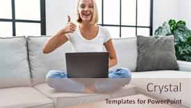  Presentation with laptop - Slide set having young-caucasian-woman-using-laptop background and a mint green colored foreground