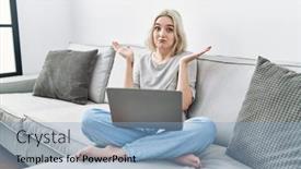  Presentation with laptop - Slide deck with young-caucasian-woman-using-laptop background and a light blue colored foreground