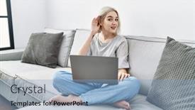  Presentation with listening woman - PPT layouts featuring young-caucasian-woman-using-laptop background and a light blue colored foreground