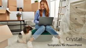  Presentation with new home - Theme having young-caucasian-woman-using-laptop background and a mint green colored foreground