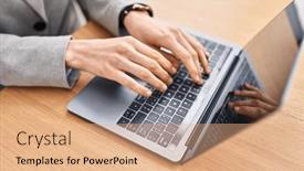  Presentation with laptop - PPT theme having young-caucasian-woman-using-laptop background and a coral colored foreground