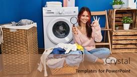  Presentation with magnifying glass - Presentation design with young-caucasian-woman-using-magnifying background and a coral colored foreground
