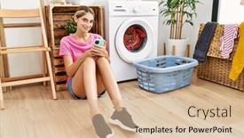  Presentation with laundry room - Slide set with young-caucasian-woman-using-smartphone background and a lemonade colored foreground
