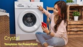  Presentation with laundry room - Slide deck featuring young-caucasian-woman-using-smartphone background and a violet colored foreground