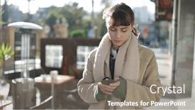  Presentation with coffee shop - Presentation design enhanced with young-caucasian-woman-using-smartphone background and a gray colored foreground