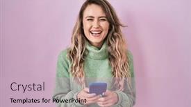  Presentation with crazy - PPT layouts enhanced with young-caucasian-woman-using-smartphone background and a soft green colored foreground
