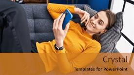  Presentation with smartphone - PPT layouts enhanced with young-caucasian-woman-using-smartphone and a gold colored foreground