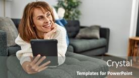  Presentation with home - Presentation theme enhanced with young-caucasian-woman-using-touchpad background and a gray colored foreground