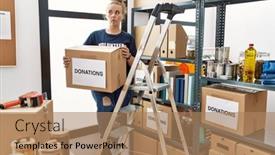  Presentation with volunteer - Presentation theme having young-caucasian-woman-volunteer-holding background and a coral colored foreground