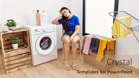  Presentation with face wash woman washing up - PPT layouts having young-caucasian-woman-waiting background and a coral colored foreground