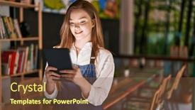  Presentation with waitress - PPT theme having young-caucasian-woman-waitress-smiling background and a tawny brown colored foreground