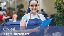  Presentation with coffee shop - Presentation having young-caucasian-woman-waitress-smiling background and a ocean colored foreground