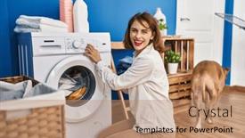  Presentation with laundry room - PPT theme featuring young-caucasian-woman-washing-clothes background and a coral colored foreground
