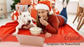  Presentation with dog christmas - PPT layouts featuring young-caucasian-woman-watching-movie background and a red colored foreground
