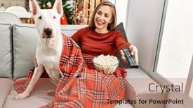  Presentation with dog christmas - PPT theme having young-caucasian-woman-watching-movie background and a coral colored foreground