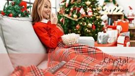  Presentation with movie - Presentation theme having young-caucasian-woman-watching-movie background and a coral colored foreground