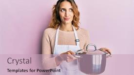  Presentation with apron - Beautiful PPT theme featuring young-caucasian-woman-wearing-apron backdrop and a soft green colored foreground