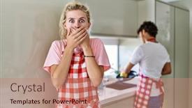  Presentation with apron - PPT theme enhanced with young-caucasian-woman-wearing-apron background and a coral colored foreground