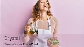  Presentation with olive oil - Presentation consisting of young-caucasian-woman-wearing-apron background and a soft green colored foreground