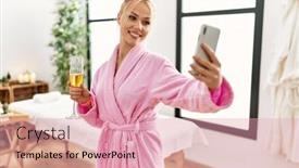  Presentation with beauty salon - Presentation theme featuring young-caucasian-woman-wearing-bathrobe background and a coral colored foreground