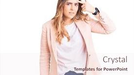  Presentation with acne woman - Cool new slide set with young-caucasian-woman-wearing-business backdrop and a sky blue colored foreground