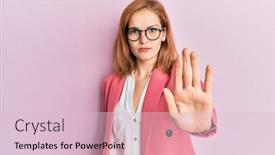  Presentation with hand palm - PPT theme having young-caucasian-woman-wearing-business background and a lemonade colored foreground