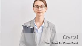  Presentation with simple business - Theme having young-caucasian-woman-wearing-business background and a light gray colored foreground