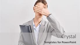  Presentation with woman sad - Slide deck having young-caucasian-woman-wearing-business background and a light gray colored foreground
