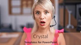  Presentation with call center - Presentation theme having young-caucasian-woman-wearing-call background and a  colored foreground