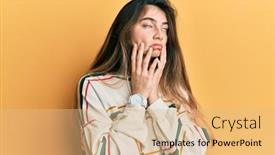  Presentation with sadness - Presentation design with young-caucasian-woman-wearing-casual background and a coral colored foreground