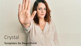  Presentation with hand palm - Slide deck enhanced with young-caucasian-woman-wearing-casual background and a  colored foreground