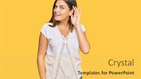  Presentation with listening woman - Beautiful slide deck featuring young-caucasian-woman-wearing-casual backdrop and a yellow colored foreground