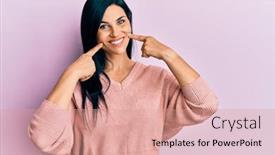  Presentation with mouth - Cool new slide deck with young-caucasian-woman-wearing-casual backdrop and a coral colored foreground