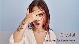  Presentation with eyes - PPT theme with young-caucasian-woman-wearing-casual background and a  colored foreground