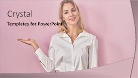  Presentation with hand palm - Presentation design featuring young-caucasian-woman-wearing-casual background and a  colored foreground